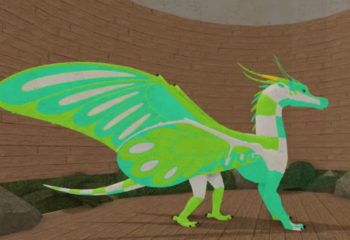 A Green And White Dragon With Wings Is Standing In Front Of A Brick Wall GIF