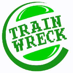 A Green And White Logo That Says Train Wreck On It GIF