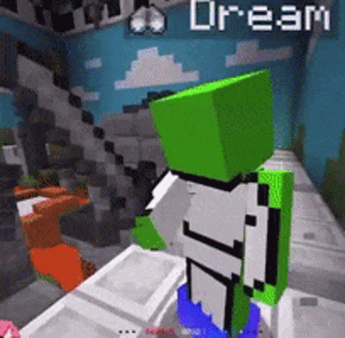 A Green And White Minecraft Character Is Standing In A Room With The Word Dream On The Screen GIF