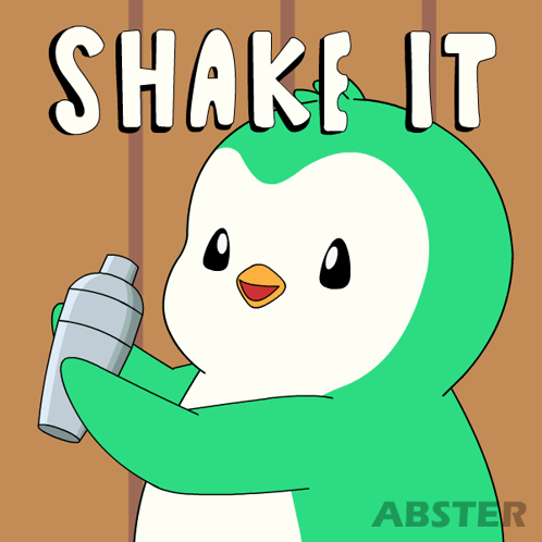 A Green And White Penguin Holding A Shaker With The Words Shake It Above It GIF