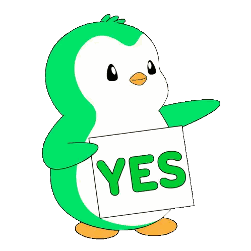 a green and white penguin holding a sign that says yes