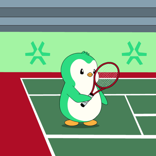A Green And White Penguin Holding A Tennis Racquet On A Tennis Court GIF
