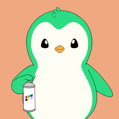 A Green And White Penguin Is Holding A Spray Can With Colored Squares On It GIF