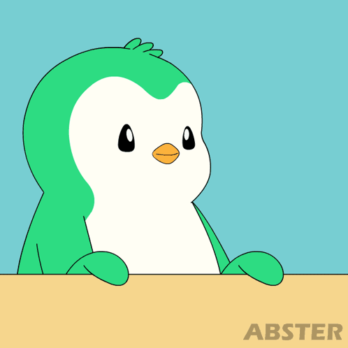 A Green And White Penguin Is Peeking Over A Sign That Says Abster On It GIF