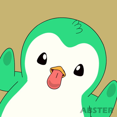 A Green And White Penguin Sticking Its Tongue Out With The Abster Logo Behind It GIF