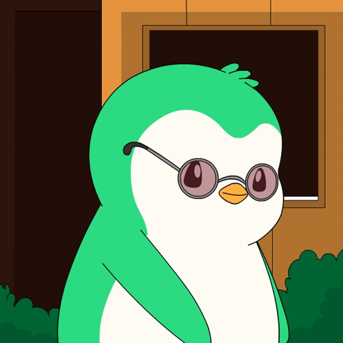 A Green And White Penguin Wearing Glasses Looks Out A Window GIF
