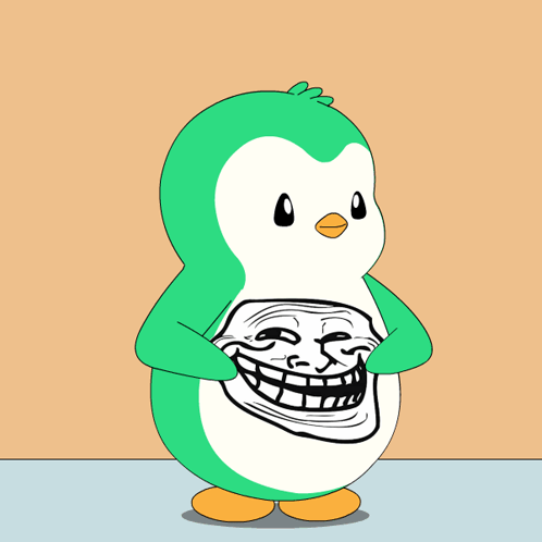 A Green And White Penguin With A Troll Face On It GIF