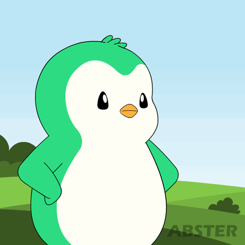 A Green And White Penguin With An Orange Beak Is Standing In A Field With The Word Abster On The Bottom Right GIF