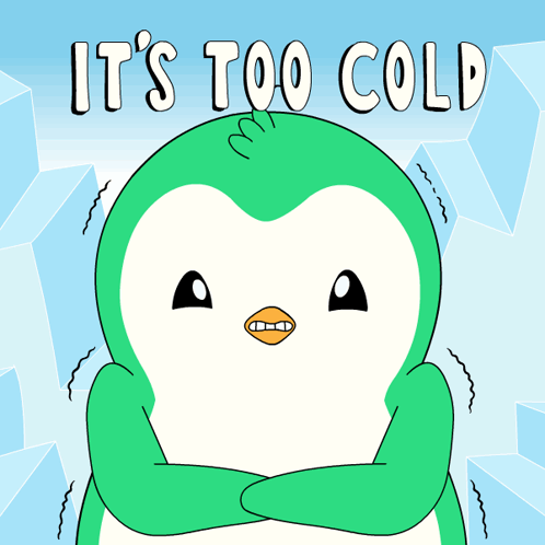 A Green And White Penguin With Its Arms Crossed And The Words It 'S Too Cold Above It GIF