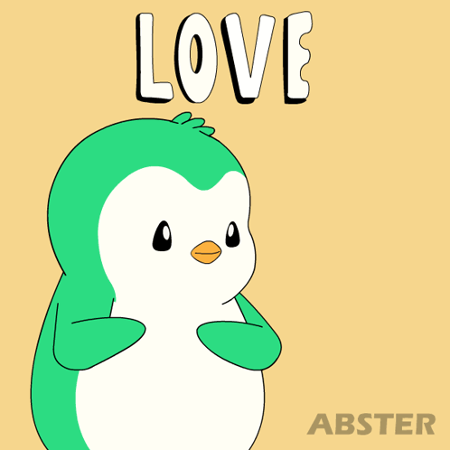 A Green And White Penguin With The Word Love Written On Its Head GIF