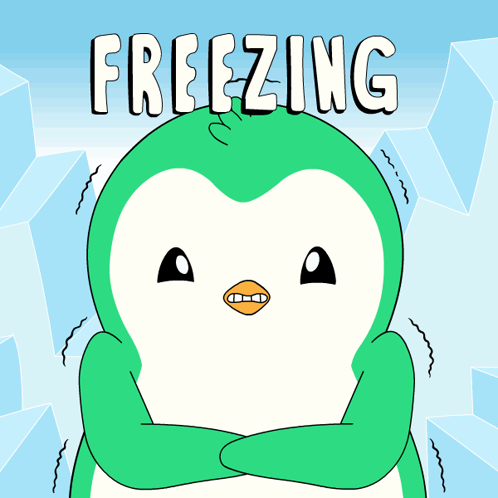 A Green And White Penguin With The Words Freezing Written Above It GIF
