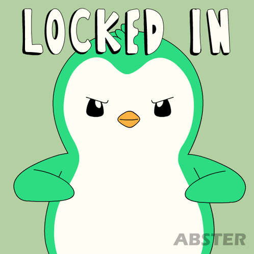 A Green And White Penguin With The Words " Locked In " Written Above It GIF