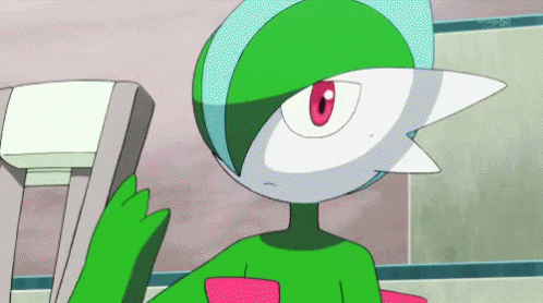 A Green And White Pokemon With Red Eyes Is Standing Next To A Chair And Looking At The Camera . GIF