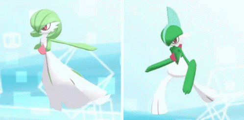 A Green And White Pokemon With Red Eyes Is Standing On A Blue Background GIF