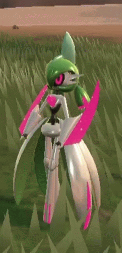 A Green And White Robot With Pink Wings Is Standing In A Field Of Grass . GIF
