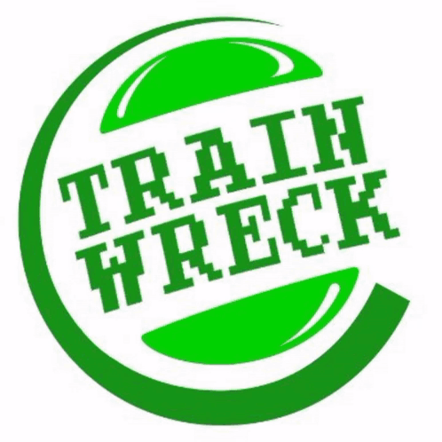 A Green And White Sign That Says Train Wreck On It GIF