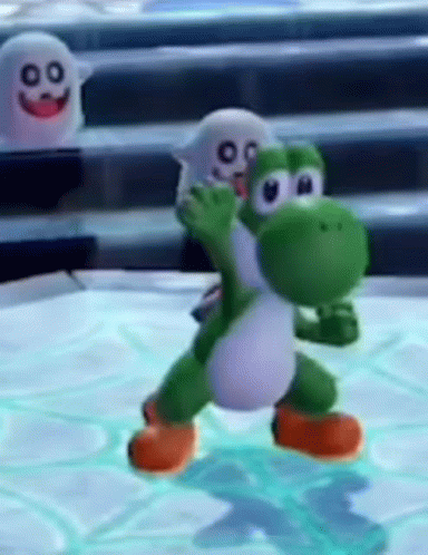 A Green And White Yoshi Toy Is Standing On A Ice Surface . GIF