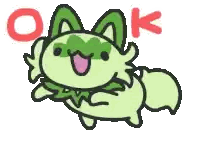 a green axolotl with a pink tongue is flying in the air with the word ok behind it .