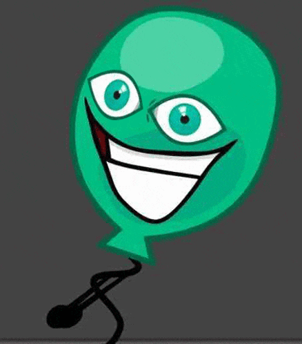 A Green Balloon With Big Eyes And A Smile On Its Face Is Hanging From A String . GIF