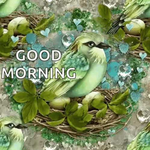 A Green Bird Is Sitting In A Nest Surrounded By Green Leaves And Hearts . GIF