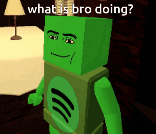 a green block with a spotify logo on his chest