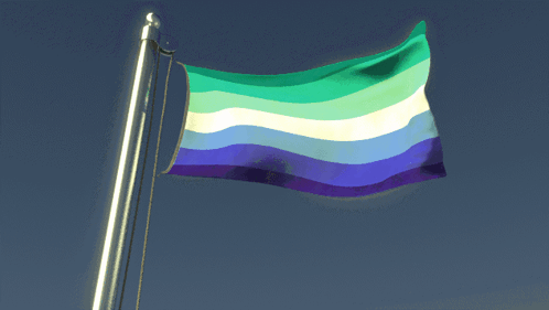 A Green Blue And Purple Flag Is Flying In The Wind GIF