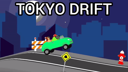 A Green Car Is Driving Down A Road With The Words Tokyo Drift Above It GIF