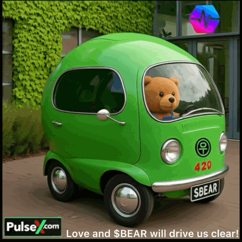 A Green Car With A Teddy Bear Sitting In It GIF