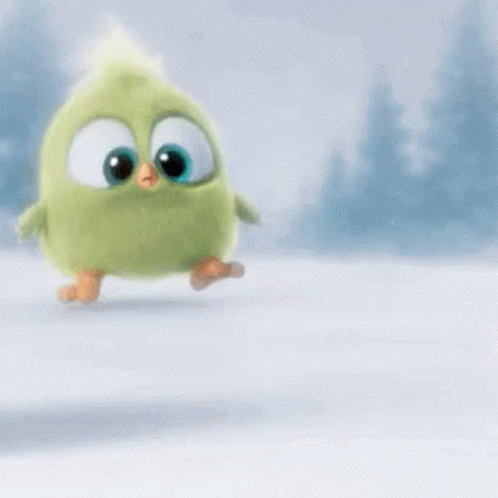 A Green Cartoon Bird With Big Blue Eyes Is Walking In The Snow . GIF