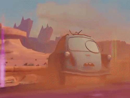 A Green Cartoon Car Is Driving Down A Road With Mountains In The Background GIF