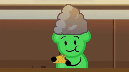 A Green Cartoon Character Is Holding A Taco And Making A Face GIF