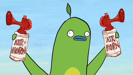 A Green Cartoon Character Is Holding Two Cans Of Air Horn GIF