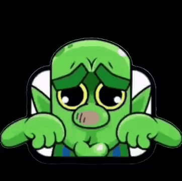 a green cartoon character is making a sad face with his hands on his face .