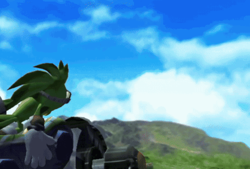 A Green Cartoon Character Is Standing In A Field With A Blue Sky In The Background GIF