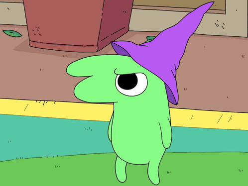 A Green Cartoon Character Is Wearing A Purple Witch Hat GIF
