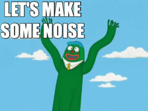 A Green Cartoon Character Says Let 'S Make Some Noise With His Arms In The Air GIF