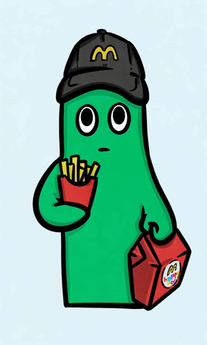 A Green Cartoon Character Wearing A Black Mcdonald 'S Hat GIF