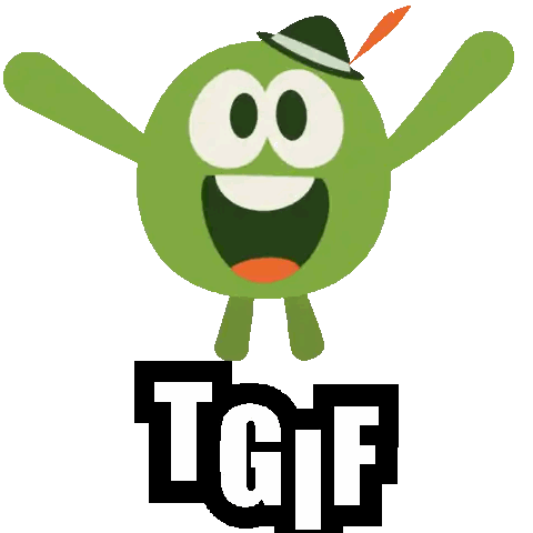 a green cartoon character wearing a hat is standing on a black tgif logo