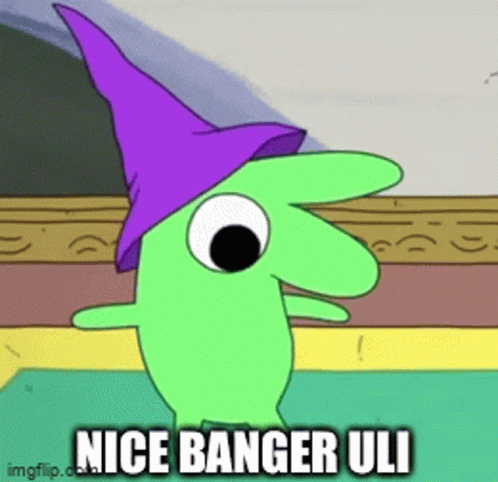 A Green Cartoon Character Wearing A Purple Witch Hat Says Nice Banger Uli . GIF