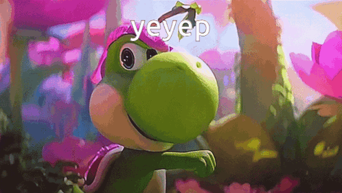 A Green Cartoon Character With A Pink Hat And The Word Yeyep Written On The Bottom GIF