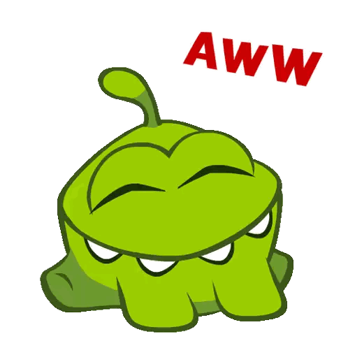 a green cartoon character with a red aww sticker on it