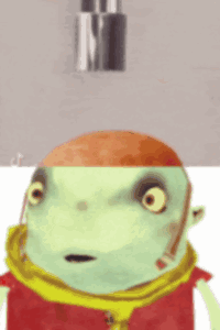 A Green Cartoon Character With A Red Hat And Scarf Looks Surprised GIF