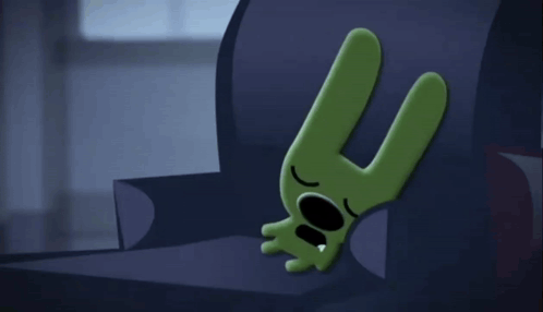 A Green Cartoon Character With Big Eyes And A Big Nose GIF