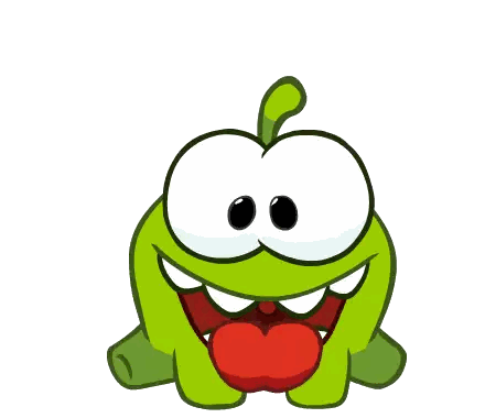 a green cartoon character with big eyes and a red heart in its mouth