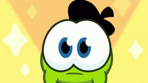A Green Cartoon Character With Blue Eyes And A Black Hair GIF