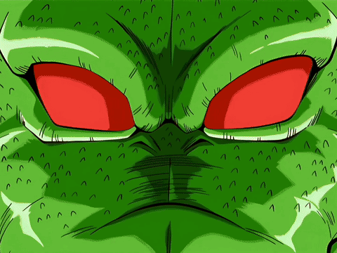 A Green Cartoon Character With Red Eyes And A Mouth GIF