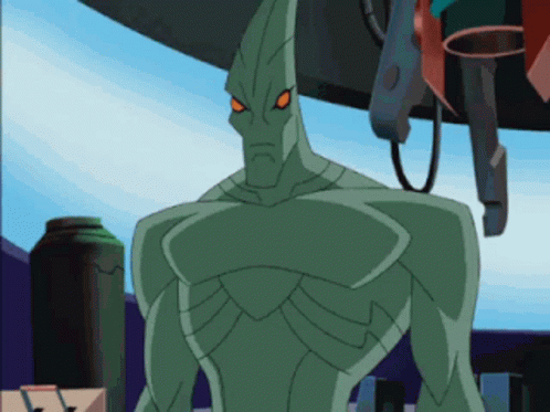 A Green Cartoon Character With Red Eyes And A Pointed Head GIF