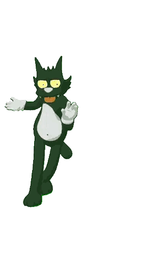 a green cartoon character with white gloves on reaching up
