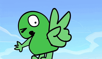 A Green Cartoon Character With Wings Giving A Peace Sign GIF