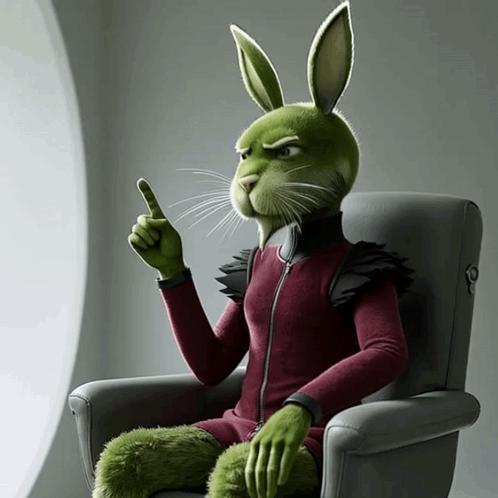A Green Cartoon Rabbit Is Sitting In A Chair And Pointing Up GIF